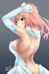  ass bare_back blush bow breasts butt_crack elbow_gloves gloves hair_bow idolmaster idolmaster_cinderella_girls jougasaki_mika kirisaki_byakko large_breasts long_hair open_mouth pink_hair pure_white_memories smile solo yellow_eyes 