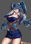  aqua_eyes bespectacled blue_dress blue_hair breasts cleavage clipboard cowboy_shot dress glasses kaorihero large_breasts league_of_legends long_hair long_sleeves looking_at_viewer office_lady red-framed_eyewear short_dress solo sona_buvelle thighs twintails very_long_hair 