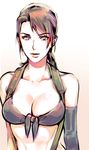  bikini black_bikini black_gloves breasts brown_background brown_hair cleavage collarbone elbow_gloves front-tie_bikini front-tie_top gloves gradient gradient_background green_eyes large_breasts looking_at_viewer metal_gear_(series) metal_gear_solid metal_gear_solid_v open_mouth ponytail quiet_(metal_gear) single_elbow_glove solo suspenders swimsuit upper_body white_background yurizuka_(sergeant_heart) 