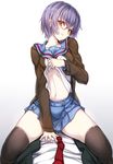  1girl bangs black_legwear cum hetero highres kita_high_school_uniform kyokucho looking_at_viewer nagato_yuki navel necktie purple_hair school_uniform serafuku short_hair simple_background skirt straddling suzumiya_haruhi_no_shoushitsu suzumiya_haruhi_no_yuuutsu thighhighs white_background yellow_eyes 