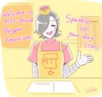  :3 =d ^_^ apron artist_name black_hair burgerpants burgerpants_(cosplay) closed_eyes cosplay english fangs gloves hat hato_moa male_focus mettaton mettaton_ex restaurant undertale 