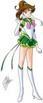  bishoujo_senshi_sailor_moon boots bow brooch brown_hair choker earrings elbow_gloves gloves green_bow green_choker green_eyes green_sailor_collar green_skirt hair_bobbles hair_ornament jewelry kino_makoto knee_boots looking_at_viewer magical_girl marco_albiero one_eye_closed pink_bow pleated_skirt ponytail sailor_collar sailor_jupiter sailor_senshi_uniform short_hair signature skirt smile solo standing star star_choker super_sailor_jupiter_(stars) tiara white_background white_footwear white_gloves 