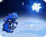  2014 alpha_channel blue_eyes blue_feathers blue_fur blue_hair crown cutie_mark equine feathered_wings feathers female feral friendship_is_magic fur glowing hair hi_res horn jewelry light262 mammal my_little_pony necklace princess_luna_(mlp) sad sky snow snowflake solo star winged_unicorn wings 