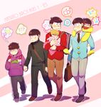  6+boys alternate_eye_color baby backpack bag beanie blanket blue_eyes book_bag brothers brown_hair carrying cat child closed_eyes eyes_closed f6 formal gakuran green_eyes hand_holding hat heart heart_in_mouth highres holding holding_hands looking_at_another male_focus mat matsuno_choromatsu matsuno_ichimatsu matsuno_juushimatsu matsuno_karamatsu matsuno_osomatsu matsuno_todomatsu multiple_boys musical_note nyaph on_shoulder osomatsu-kun osomatsu-san pants purple_eyes red_eyes school_uniform siblings sleeping smile suit teenage thinking thumbs_up track_pants triangle_mouth younger 