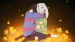  androgynous asriel_dreemurr black_eyes boots bossmonsterbani brown_hair comforting commentary crying crying_with_eyes_open denim denim_shorts fang field flower flower_field frisk_(undertale) good_end hug monster_boy petals shirt shorts spoilers striped striped_shirt tears undertale 