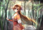  bad_id bad_pixiv_id bamboo bamboo_forest black_hair breasts brown_eyes brown_hair cleavage forest hair_ornament long_hair looking_at_viewer mallizmora medium_breasts nature original outdoors solo 