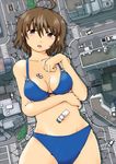  ahoge artist_request bangs bikini blue_bikini breasts brown_eyes brown_hair car city copyright_request crack crosswalk destruction eyebrows eyebrows_visible_through_hair from_above giantess ground_vehicle hair_between_eyes hand_on_own_chest hand_on_own_stomach looking_at_viewer medium_breasts motor_vehicle o-ring o-ring_top open_mouth road short_hair solo source_request street swimsuit 
