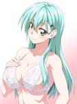  aqua_eyes aqua_hair bra breast_suppress breasts cleavage collarbone hair_ornament hairclip kantai_collection large_breasts lingerie long_hair mikagami_sou smile solo suzuya_(kantai_collection) underwear underwear_only upper_body white_bra 