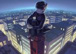  air_conditioner backlighting bangs black_eyes black_hair black_pants blunt_bangs bowl_cut building buttons city cityscape cross-laced_footwear from_above gakuran hands_together hiko_(scape) kageyama_shigeo leg_hug long_sleeves male_focus mob_psycho_100 night night_sky outdoors pants rooftop school_uniform shoes sitting sky sneakers solo wind 