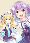  blonde_hair blue_eyes book choker d-pad d-pad_hair_ornament hair_ornament hat highres histoire hood hoodie jacket long_hair looking_at_viewer multiple_girls neptune_(choujigen_game_neptune) neptune_(series) oekakizuki open_mouth purple_eyes purple_hair short_hair smile twintails wings 