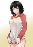  black_hair blush breasts clothes_writing cosplay covering covering_crotch fubuki_(one-punch_man) green_eyes highres hood hoodie jpeg_artifacts large_breasts lossy-lossless ogry_ching one-punch_man open_mouth oppai_hoodie raglan_sleeves saitama_(one-punch_man) saitama_(one-punch_man)_(cosplay) shirt_tug short_hair solo sweatdrop sweater 