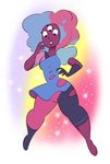  alien blue_eyes blue_hair catnippackets clothing dark_skin female garnet_(steven_universe) gem_(species) hair heterochromia multicolored_hair open_mouth pink_hair purple_eyes red_eyes signature solo sparkles steven_universe torn_clothing two_tone_hair 