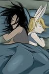  anthro bed black_hair blonde_hair blush-chan_(artist) breasts clothing duo eyes_closed female flat_chested fur hair human lagomorph liten_(character) long_hair mammal pillow rabbit sleeping tagme white_fur 