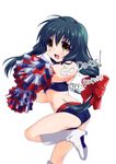  ass black_hair blurry cheerleader clannad depth_of_field ibuki_fuuko long_hair midriff national_football_league new_england_patriots pom_poms satomi_yoshitaka short_shorts shorts solo yellow_eyes 