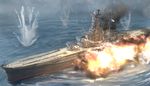  battleship cannon commentary explosion fire flag flame imperial_japanese_navy karo-chan kongou_(battleship) machinery military military_vehicle ocean ship splashing turret warship water watercraft world_war_ii 