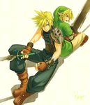  alternate_weapon back-to-back banana_gyuunyuu blonde_hair blue_eyes cloud_strife earrings final_fantasy final_fantasy_vii gloves hat holding holding_sword holding_weapon jewelry link male_focus multiple_boys pointy_ears sitting smile super_smash_bros. sword the_legend_of_zelda weapon 