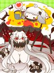  ahoge breasts chibi cleavage covered_mouth dress flying_sweatdrops heart horns kantai_collection large_breasts long_hair long_sleeves looking_up midway_hime multiple_girls northern_ocean_hime paint paint_can paintbrush painting pale_skin red_eyes shinkaisei-kan sleeveless sleeveless_dress solid_circle_eyes thought_bubble very_long_hair white_dress white_hair white_skin yumaru_(marumarumaru) 