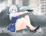  blue_eyes blush braid bullet_hole commentary_request dress dual_wielding firing focused gun handgun high_heels highres holding izayoi_sakuya legs m1911 maid panties pistol ruins serious solo surota touhou twin_braids underwear weapon white_hair white_panties 