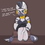  2016 anthro anthrofied bdsm blue_eyes blush bondage bound caroo clothing equine feet female friendship_is_magic gold_(metal) looking_at_viewer mammal my_little_pony solo zebra zecora_(mlp) 