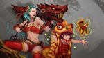  adapted_costume ahoge annie_hastur aqua_hair blue_eyes cannon chinese_new_year dragon eastern_dragon ernesto_irawan flat_chest highres huge_ahoge huge_weapon jinx_(league_of_legends) league_of_legends multiple_girls purple_eyes purple_hair red red_legwear short_shorts shorts stuffed_animal stuffed_toy teddy_bear tibbers weapon 