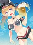  alcohol beer beer_mug bikini bikini_under_clothes blonde_hair blue_eyes cup hat highres holding holding_cup imu_sanjo jewelry kantai_collection necklace peaked_cap prinz_eugen_(kantai_collection) short_shorts shorts smile solo swimsuit swimsuit_under_clothes twintails 