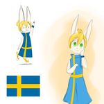  1:1 2016 :3 anthro blonde_hair blush-chan_(artist) clothed clothing digital_media_(artwork) flat_chested fur gradient_background green_eyes hair happy lagomorph liten_(character) looking_at_viewer mammal rabbit simple_background smile solo source_request standing sweden swedish swedish_flag wave white_fur 