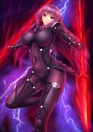  armor bad_id bad_nicoseiga_id bodysuit breasts covered_nipples dual_wielding electricity expressionless fate/grand_order fate_(series) gae_bolg glowing glowing_weapon hair_intakes highres holding large_breasts leg_up long_hair looking_at_viewer masatoki parted_lips purple_bodysuit purple_hair red_eyes scathach_(fate)_(all) scathach_(fate/grand_order) shoulder_pads skin_tight solo sparkle standing standing_on_one_leg teeth very_long_hair weapon 