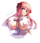  blue_eyes bow breasts hair_bow haramura_nodoka huge_breasts long_hair looking_at_viewer pink_hair saki signature simple_background solo underboob white_background zerion 