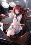  bare_legs barefoot blazer chair drum drumsticks feet_on_chair from_above hand_on_headphones headphones highres horikawa_raiko instrument jacket keyboard_(computer) knee_up looking_at_viewer looking_up mouse_(computer) necktie open_mouth purple_neckwear red_eyes red_hair ryosios shirt short_hair sitting skirt solo touhou 