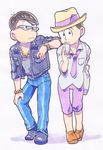  :3 alternate_costume antenna_hair arm_on_shoulder bag belt black_jacket brothers brown_hair cellphone denim fedora girly_boy grey_background hand_on_own_knee handbag hat jacket jeans jewelry looking_at_viewer male_focus matsuno_karamatsu matsuno_todomatsu multiple_boys necklace necktie open_clothes open_jacket osomatsu-kun osomatsu-san outsuki pants phone purple_neckwear shirt short_sleeves siblings simple_background smartphone smile standing sunglasses traditional_media watch white_shirt wristwatch 