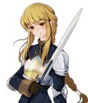  agrias_oaks armor blonde_hair blush braid breastplate brown_gloves elbow_pads final_fantasy final_fantasy_tactics gloves holding holding_sword holding_weapon jolin0323 long_hair shoulder_pads sidelocks simple_background single_braid smile solo sword upper_body weapon white_background yellow_eyes 