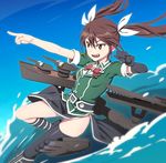  black_gloves bow bowtie brown_eyes brown_hair elbow_gloves fang gloves hair_between_eyes hair_ribbon kantai_collection long_hair machinery nanashino open_mouth pelvic_curtain pointing remodel_(kantai_collection) ribbon side_slit single_elbow_glove single_thighhigh solo thighhighs tone_(kantai_collection) turret twintails water white_ribbon 