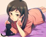  bangs barefoot blanket blush breasts brown_eyes brown_hair cardigan closed_mouth downblouse hand_on_own_cheek head_rest idolmaster idolmaster_million_live! kitazawa_shiho long_hair lying nanotsuki open_cardigan open_clothes short_sleeves small_breasts smile solo stuffed_animal stuffed_cat stuffed_toy swept_bangs 