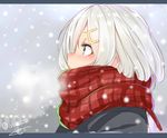  blue_eyes blush breath hair_ornament hair_over_one_eye hairclip hamakaze_(kantai_collection) isshiki_(ffmania7) kantai_collection looking_up scarf silver_hair snow solo twitter_username 