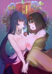  2girls :d bangs bare_arms bare_shoulders black_hair blue_hair blunt_bangs blush breast_press breasts breasts_outside chin_grab chin_hold chorimokki cleavage closed_mouth collarbone couple cover cover_page creatures_(company) doujin_cover erika_(pokemon) female floral_background flower game_freak gradient gradient_background gym_leader hairband hand_holding hand_up happy highres interlocked_fingers japanese_clothes kimono large_breasts long_hair looking_at_another looking_at_viewer multiple_girls natsume_(pokemon) neck nintendo nipples nipples_touching off_shoulder open_clothes open_kimono open_mouth orange_eyes pokemon pokemon_(game) pokemon_frlg pokemon_rgby purple_eyes short_hair smile symmetrical_docking wavy_mouth yellow_kimono yuri 