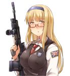  acog assault_rifle ayyh blonde_hair emblem glasses gun headband l85 long_hair necktie open_mouth original rifle school_uniform solo trigger_discipline united_kingdom vertical_foregrip vest weapon white_background yellow_eyes 