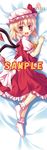  :d bed_sheet blonde_hair bobby_socks dakimakura fang flandre_scarlet full_body hat hat_ribbon looking_at_viewer lying on_side open_mouth puffy_short_sleeves puffy_sleeves red_eyes ribbon sample sheet_grab short_hair short_sleeves smile socks solo touhou wings yukino_minato 
