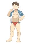  :d bad_id bad_pixiv_id brown_eyes brown_hair collarbone full_body hand_on_hip jacket long_sleeves looking_at_viewer male_focus male_swimwear muscle nezumi_ranna nichijou open_clothes open_jacket open_mouth simple_background smile solo sportswear standing swim_briefs swimwear takasaki_manabu track_jacket v-shaped_eyebrows whistle white_background 
