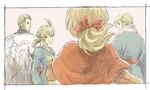  3boys ahoge alma_beoulve bad_id bad_pixiv_id beard black_border blonde_hair border bow brother_and_sister brothers cape close-up dycedarg_beoulve emblem facial_hair final_fantasy final_fantasy_tactics hair_bow long_hair looking_back multiple_boys pink_background ponytail ramza_beoulve red_bow sayonaraby short_hair siblings simple_background smile upper_body zalbaag_beoulve 