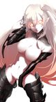  adjusting_hair aircraft_carrier_hime armor armored_boots bodysuit boots breasts gauntlets glowing glowing_eyes hand_on_thigh highres kantai_collection kneeling large_breasts long_hair navel neichiru no_nipples no_pussy pointy_ears red_eyes shinkaisei-kan simple_background skin_tight solo white_background white_hair white_skin 