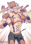  battle_tendency blue_eyes collarbone earrings emphasis_lines esidisi facial_mark fuchima gradient gradient_background hat jewelry jojo_no_kimyou_na_bouken male_focus muscle nail nose_piercing nose_ring piercing scar smile solo stitches twitter_username undressing white_hair wristband 