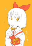  annaka_haruna bag_of_chips bow eating finger_in_mouth food hair_bow looking_at_viewer masha monochrome neckerchief nichijou pocky red_bow sailor_collar short_hair simple_background solo spot_color yellow_background yellow_eyes 