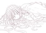  absurdres amano_sakuya dress frills gosick gothic_lolita hairband highres lineart lolita_fashion long_hair looking_at_viewer lying lying_on_water monochrome on_stomach ribbon solo very_long_hair victorica_de_blois 