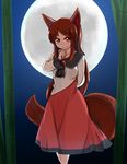  animal_ears bamboo bamboo_forest brooch brown_hair collarbone dress forest full_moon horoooo imaizumi_kagerou jewelry long_sleeves looking_at_viewer moon nature red_eyes solo tail touhou wide_sleeves wolf_ears wolf_tail 