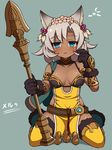  animal_ears armlet bare_shoulders belt blue_eyes blush cat_ears cat_paws character_name dark_skin erune fang feathers flower fur_trim granblue_fantasy grey_hair hair_flower hair_ornament haniwagi_(hal) looking_at_viewer melleau open_mouth paws polearm sitting solo spear thighhighs wariza weapon 