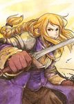  agrias_oaks armor bad_id bad_pixiv_id blonde_hair braid brown_eyes brown_gloves clenched_teeth corset cowboy_shot final_fantasy final_fantasy_tactics gloves knight long_hair looking_at_viewer pompi shoulder_pads single_braid solo sword teeth upper_body weapon 