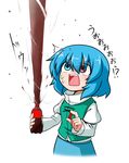  1girl bad_id bad_pixiv_id blue_eyes blue_hair blush bottle bottle_cap cola d: droplet explosion heterochromia highres juliet_sleeves katsumi5o long_sleeves open_mouth puffy_sleeves short_hair skirt soda solo square_mouth surprised sweat tatara_kogasa touhou tunic 