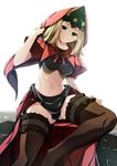  ass_visible_through_thighs black_panties blonde_hair blue_eyes bow breasts brick crop_top frills garters hand_on_headwear highres hood long_hair looking_at_viewer medium_breasts midriff navel neck_ribbon odin_sphere panties pantyshot pantyshot_(sitting) puffy_short_sleeves puffy_sleeves red_bow red_hood red_ribbon ribbon seamed_legwear short_sleeves side-seamed_legwear sitting skirt solo star star_print stomach thighhighs underwear velvet_(odin_sphere) white_skin yuuki_makoto_(radiant) 