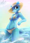  anthro bikini blue_fur breasts cat cleavage clothed clothing feline female fur mammal mature_female mother nicole_watterson one_eye_closed parent sea smile solo sun_hat swimsuit the_amazing_world_of_gumball water zraxi 