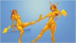  anthro bendzz big_breasts breasts brown_eyes brown_hair duo female fur hair long_hair nintendo nipples nude pikachu pok&eacute;mon pussy video_games yellow_fur 